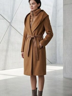 Mackage Shia Z Camel Double Face Wool Wrap Coat Removable Down Bib Hooded